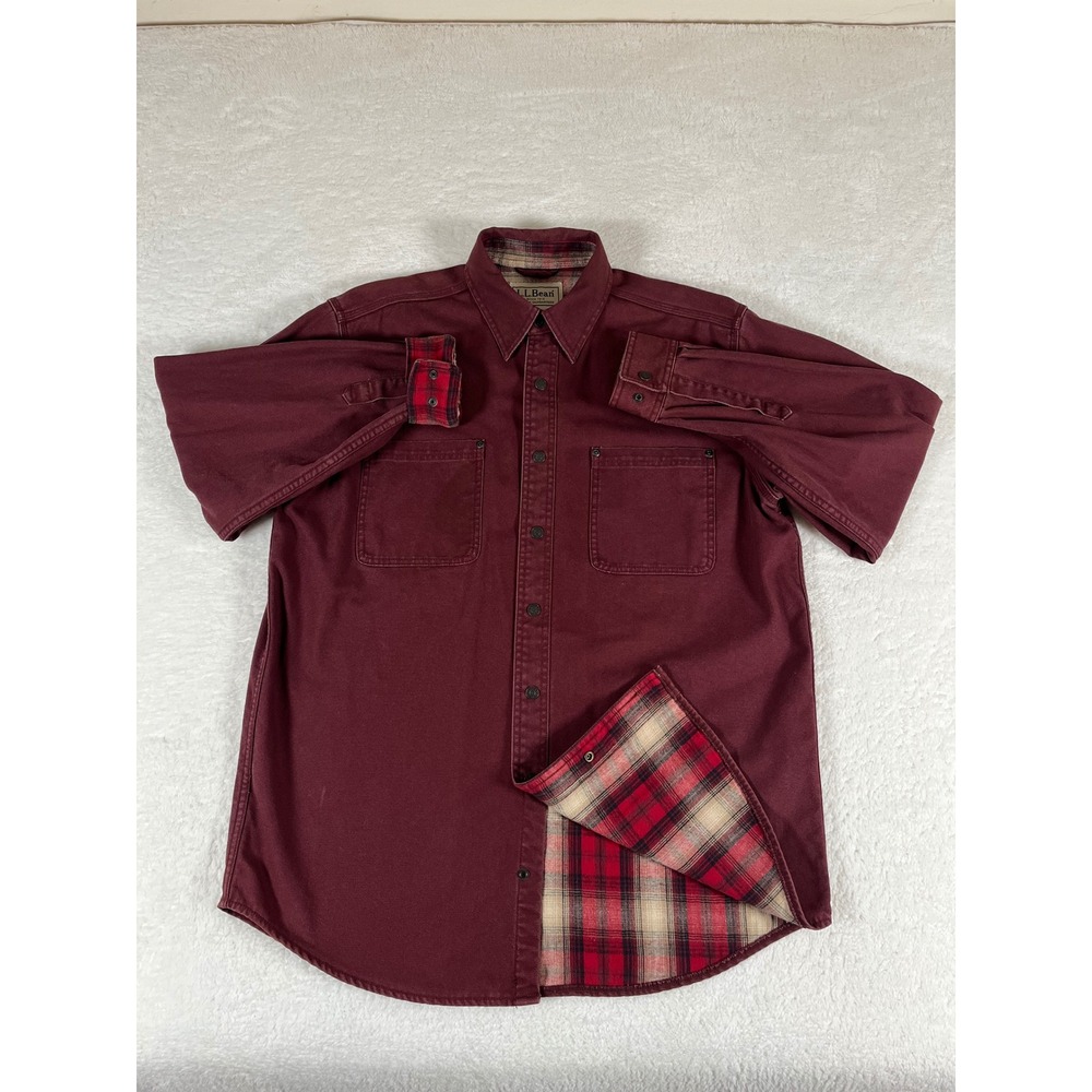 LL Bean Mens Flannel Lined Canvas Field Jacket Burgundy Red Plaid Med Regular - Picture 2 of 9